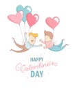 Gey men characters flying by heart balloons. Happy Valentine`s Day.