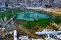 Geyser blue lake in the Altai mountains in the background forest all with snow