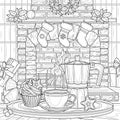 Geyser coffee machine and coffee by the Christmas fireplace. Coloring book antistress for adults.