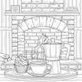 Geyser coffee machine and coffee by the fireplace. Coloring book antistress for adults.