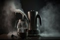 geyser coffee maker being used, with steam and hot water pouring out of the spout Royalty Free Stock Photo