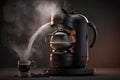 geyser coffee maker being used, with steam and hot water pouring out of the spout Royalty Free Stock Photo
