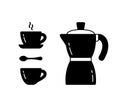 Geyser coffee maker with cup, spoon, hot drink. Silhouette icons set. Black simple illustration for packaging design. Outline Royalty Free Stock Photo