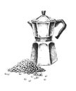 Geyser coffee maker. Hand-drawn black and white illustration. Jpeg Royalty Free Stock Photo