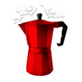 Geyser coffee maker. Hot Moka pot of red color with steam. Vector hand drawn illustration in vintage style. Realistic Royalty Free Stock Photo
