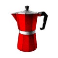 Geyser coffee maker. Moka pot of red color. Italian Moka Express. Vector hand drawn illustration in vintage style Royalty Free Stock Photo