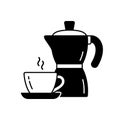 Geyser coffee maker for one dose of espresso. Outline icon of pot, cup with hot drink. Black simple illustration for packaging Royalty Free Stock Photo