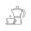 Geyser coffee maker for one serving of espresso. Linear icon of pot, cup with hot drink. Black simple illustration for packaging Royalty Free Stock Photo