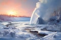 a geyser erupting in a snowy landscape, creating a contrast of hot and cold