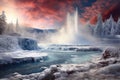 a geyser erupting in a snowy landscape, steam contrasting with the cold