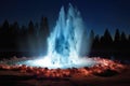 a geyser eruption captured at night, illuminated by artificial light