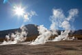 Geyser field El Tatio in back lighting, Chile