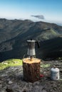 geyser kettle. making coffee in mountains with butane propane stove