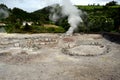 Geysers, Volcano Caldera Hot Springs Fumarole Bubbling Smoking in Furnas, Sao Miguel, Azores, Portugal Royalty Free Stock Photo