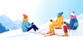 Three people are enjoying a snowy landscape, dressed in winter gear with colorful jackets, hats, and scarves Royalty Free Stock Photo