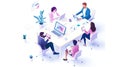 A digital illustration depicts five professionals, two women and three men, seated around a conference table engaged in work. Royalty Free Stock Photo