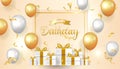 Gold birthday card with gold and white balloons and a gift tied with a gold ribbon