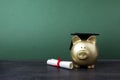 Gfold piggy bank with a grad cap and diploma in front of green chalkboard. Education scholarship Royalty Free Stock Photo