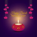 Creative vector illustration of happy diwali indian festival greeting card with diwali diya on puple background