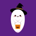 Cute ghost floating with Halloween pumpkin basket for Trick or Treat.