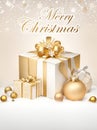 Gold gifts and balloons with snow and sparkles. Merry Christmas Royalty Free Stock Photo