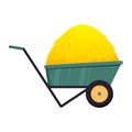 GGreen wheelbarrow with stack of hay, bale in cartoon style isolated on white background stock vector illustration. Agriculture Royalty Free Stock Photo