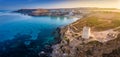 Ghajn Tuffieha, Malta - Aerial panoramic view of the coast of Ghajn Tuffieha with Watch Tower Royalty Free Stock Photo