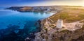 Ghajn Tuffieha, Malta - Aerial panoramic view of the coast of Ghajn Tuffieha with Watch Tower, Golden Bay Royalty Free Stock Photo