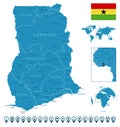 Ghana - detailed blue country map with cities, regions, location on world map and globe. Infographic icons