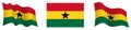 Ghana flag in static position and in motion, fluttering in wind in exact colors and sizes, on white background