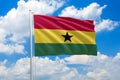 Ghana national flag waving in the wind on clouds sky. High quality fabric. International relations concept