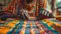 Ghanaian kente cloth weaver showcasing detailed craftsmanship in vibrant threads at sunrise