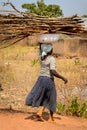 Unidentified Ghanaian woman carries wood over her head in a loc