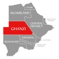 Ghanzi red highlighted in map of Botswana Royalty Free Stock Photo