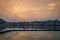 Ghats on the holy Lake of Pushkar, Rajasthan, India, by the sunset Royalty Free Stock Photo