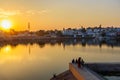 Ghats at Pushkar lake at sunset in Rajasthan. India Royalty Free Stock Photo