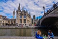 Ghent, Belgium, August 2019. Breathtaking cityscape: from the St. Michael bridge along the Graslei canal. One of the most