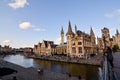 Ghent, Belgium, August 2019. Breathtaking cityscape: from the St. Michael`s bridge to the street along the Graslei canal. One of