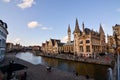 Ghent, Belgium, August 2019. Breathtaking cityscape: from the St. Michael`s bridge to the street along the Graslei canal. One of