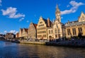 Ghent, Belgium, August 2019. Breathtaking cityscape: from the St. Michael`s bridge to the street along the Graslei canal. One of