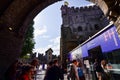 Ghent, Belgium, August 2019. The Gravensteen is the castle of the counts of Flanders. In the walls, a large arch shows the body of