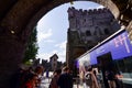 Ghent, Belgium, August 2019. The Gravensteen is the castle of the counts of Flanders. In the walls, a large arch shows the body of