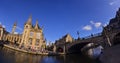 Ghent,Belgium,August 2019. Large format panoramic photo: breathtaking cityscape from the St.Michael bridge along the Graslei canal