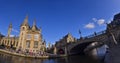 Ghent,Belgium,August 2019. Large format panoramic photo: breathtaking cityscape from the St.Michael bridge along the Graslei canal