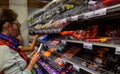 Ghent, Belgium, August 2019. At a supermarket whole exhibitors decided on the Belgian specialty: chocolate. The packaging