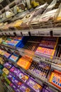 Ghent, Belgium, August 2019. Whole exhibitors dedicated to the Belgian specialty: chocolate at a supermarket. The packaging