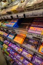 Ghent, Belgium, August 2019. Whole exhibitors dedicated to the Belgian specialty: chocolate at a supermarket. The packaging