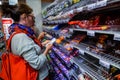 Ghent, Belgium, August 2019. Whole exhibitors dedicated to the Belgian specialty: chocolate at a supermarket. The packaging