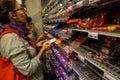 Ghent, Belgium, August 2019. Whole exhibitors dedicated to the Belgian specialty: chocolate at a supermarket. The packaging