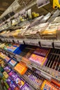 Ghent, Belgium, August 2019. Whole exhibitors dedicated to the Belgian specialty: chocolate at a supermarket. The packaging